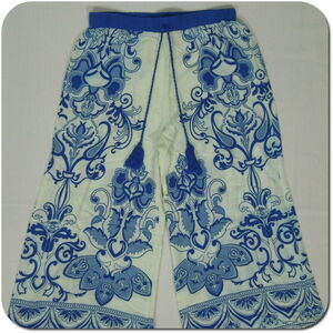 KINGDOM B Pants S SMALL Juniors White & Blue Patterned Straight Wide Leg